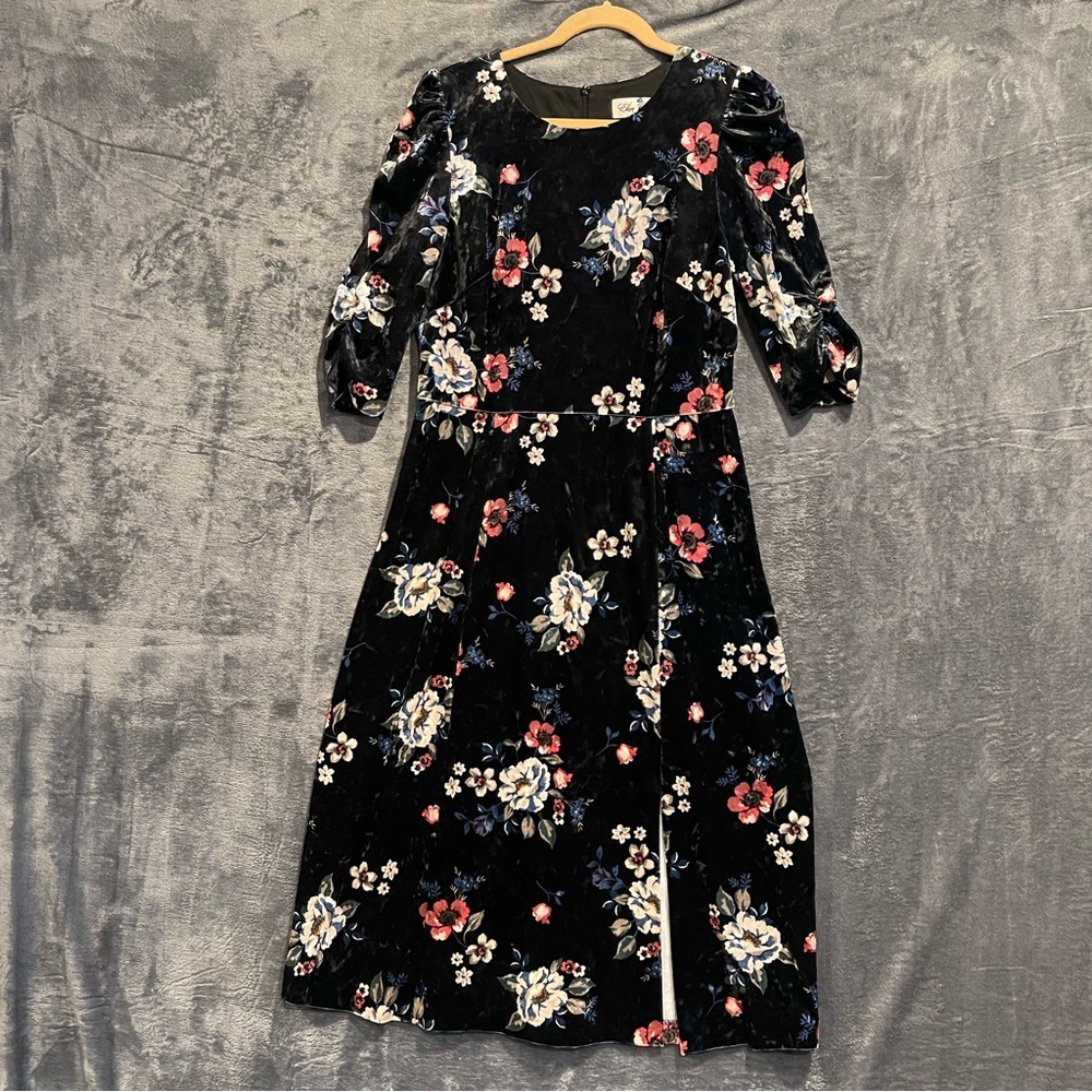 Eliza J. Women Size 12 Black Velvet Dress with Floral Design Dark Romantic